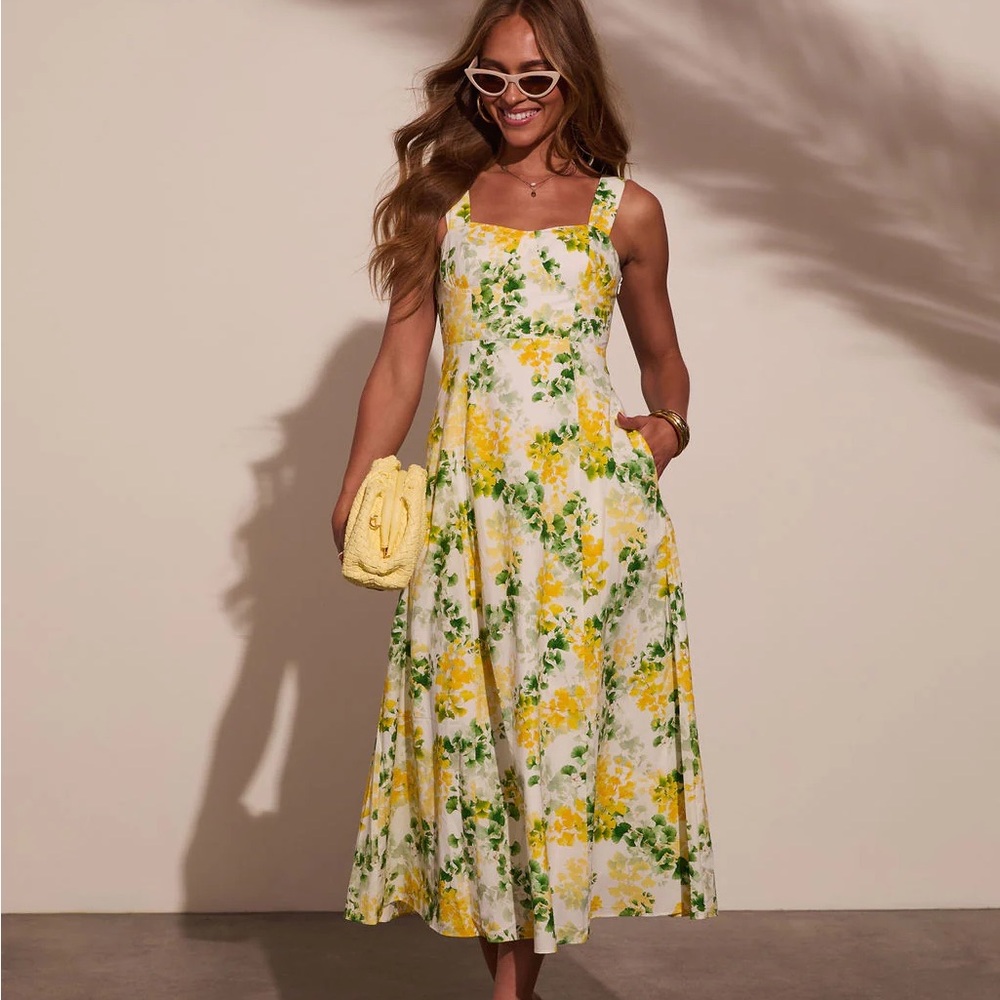 Floral Yellow Green A-Line Midi Dress 100% Cotton
